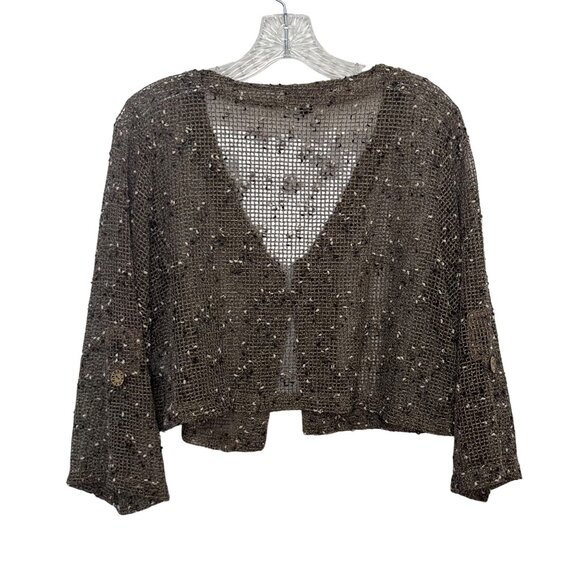 Nina Leonard Open Knit Bolero Cardigan Nina Leonard Large Brown Button Closure - Picture 3 of 11